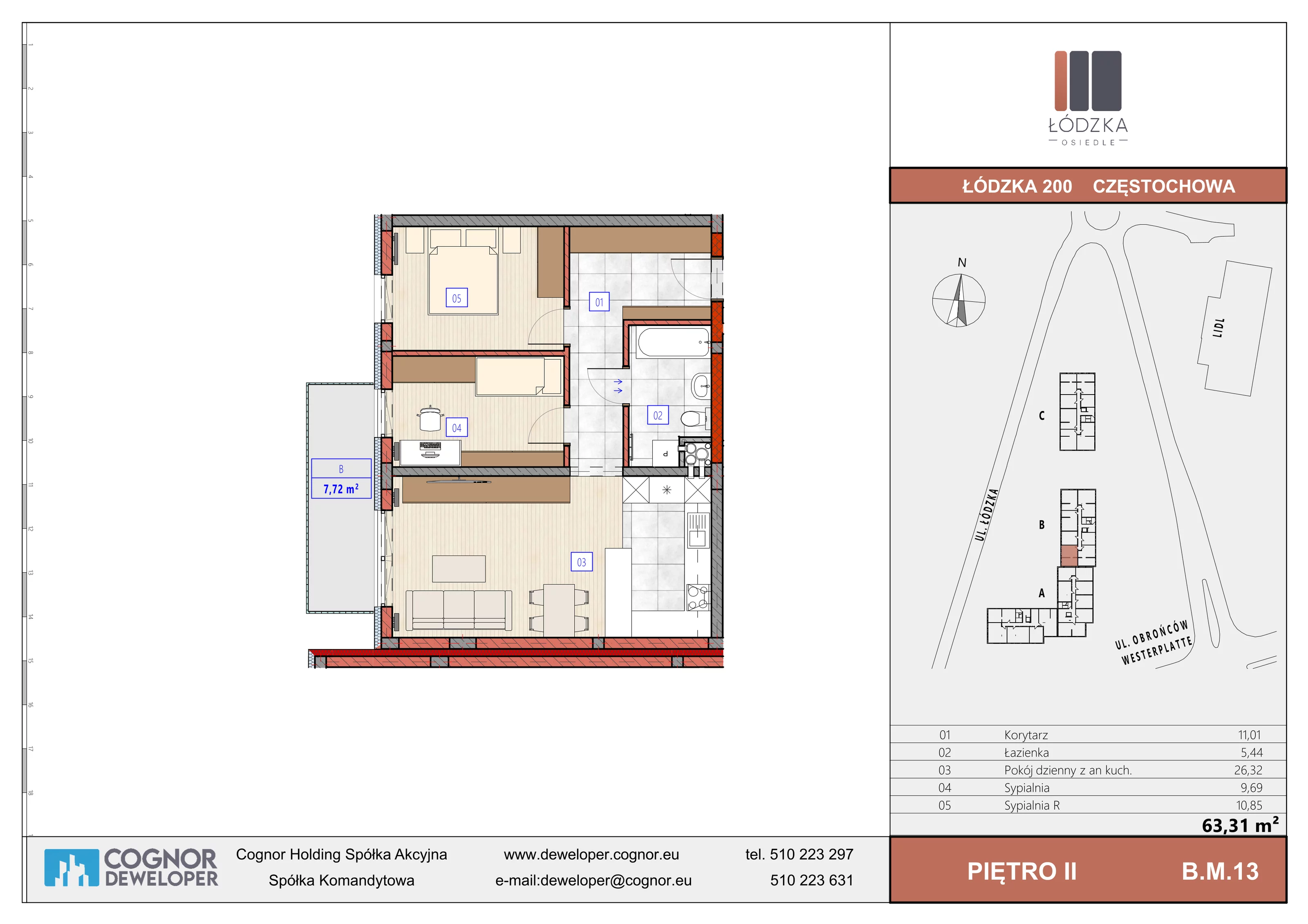 3 pokoje, mieszkanie 63,66 m², piętro 2, oferta nr B.M.13, Łódzka Osiedle, Częstochowa, Częstochówka-Parkitka, ul. Łódzka 198, 200, 202